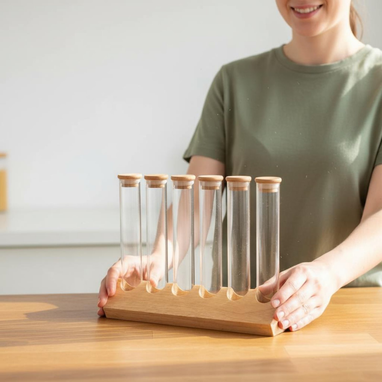 Glass Container Set - Ahşap Standlı Cam Tüp Saklama Seti,
